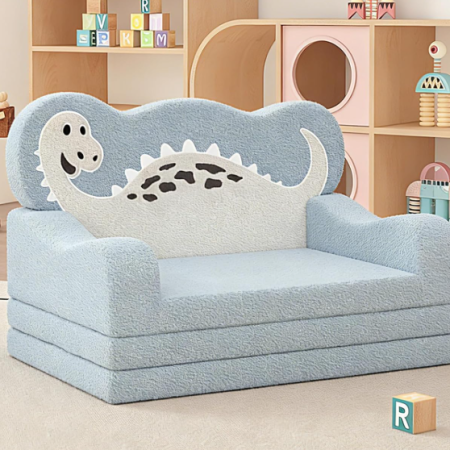 Sky Blue Dinosaur-Themed Foldable 2-In-1 Children's Sofa