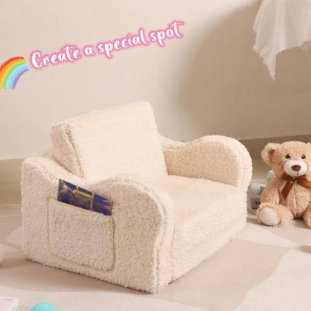 Cream-Colored Bouclé 2-In-1 Fold-Out Children's Sofa