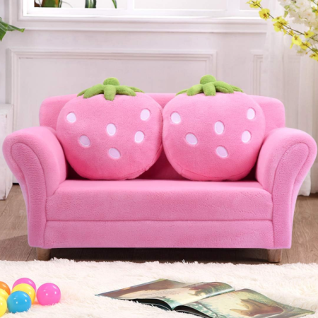 Soft Pink 2-In-1 Children's Sofa For Two With Strawberry Cushion