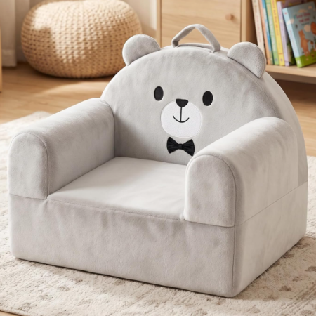 Grey Crystal Velvet Bear-Themed Children's Sofa With Removable Cover